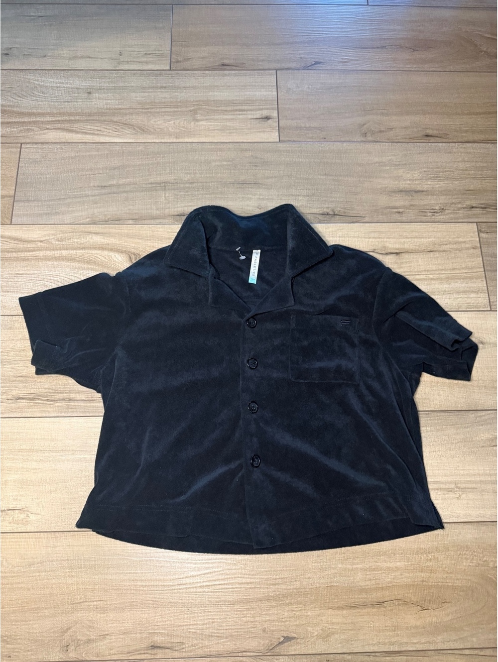 Fabletics XXS Black Terry Cloth Cropped Button Up Shirt Oversized Resort Top